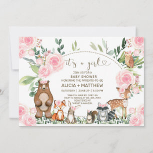 Convite Chá de fraldas de animais florestais, rosas rosa.