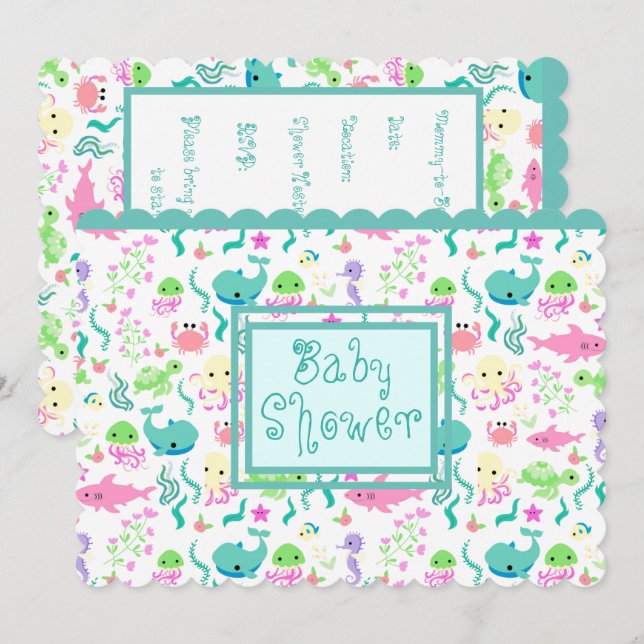 Convite Chá de fraldas de animais marinhos (Frente/Verso)