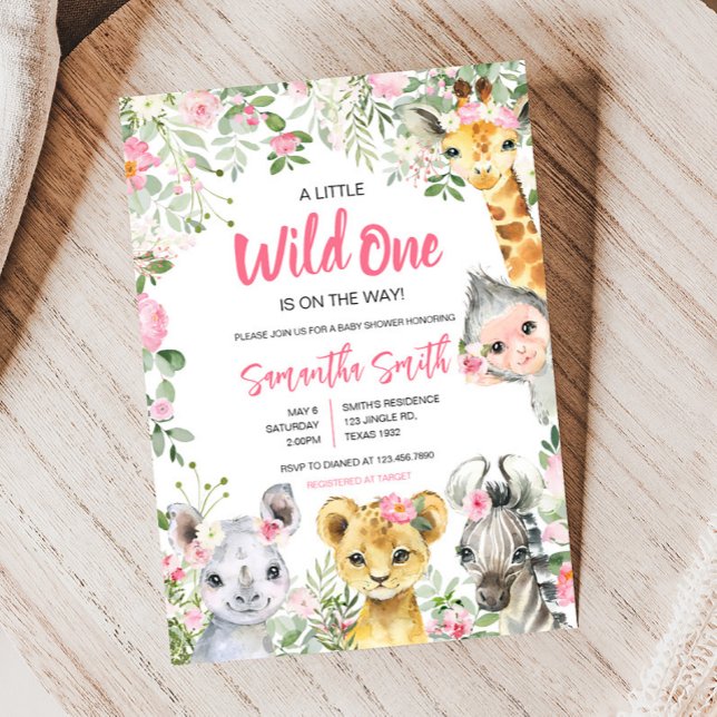 Convite Chá de fraldas De Animais Safari (Pink Floral Safari Animals Baby Shower Invitation)