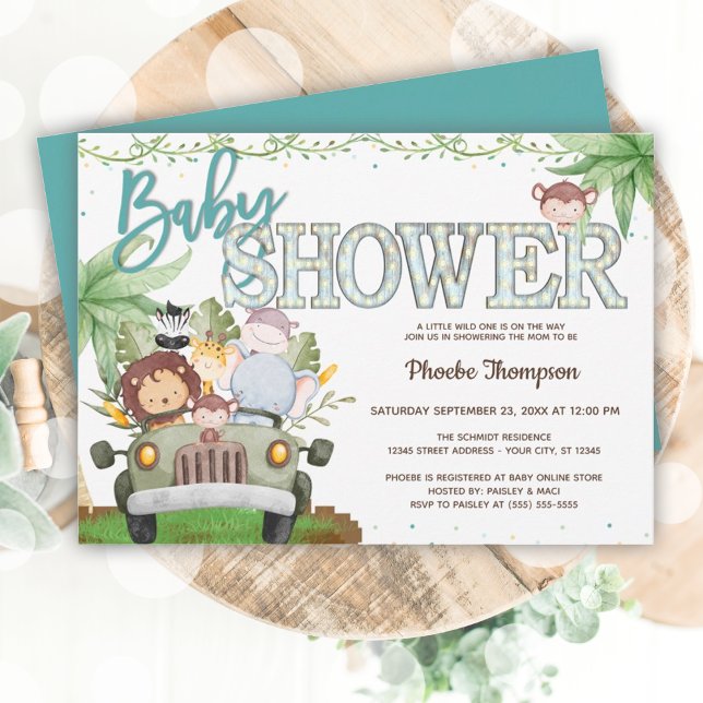 Convite Chá de fraldas de Animais Safari Azul (Blue Safari Animals Baby Shower Invitation)