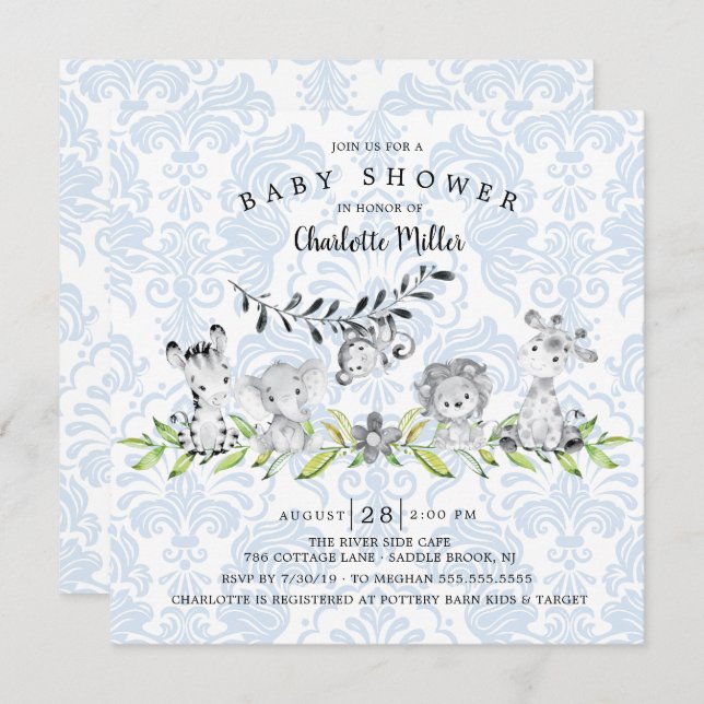 Convite Chá de fraldas De Animais Safari Doce (Frente/Verso)