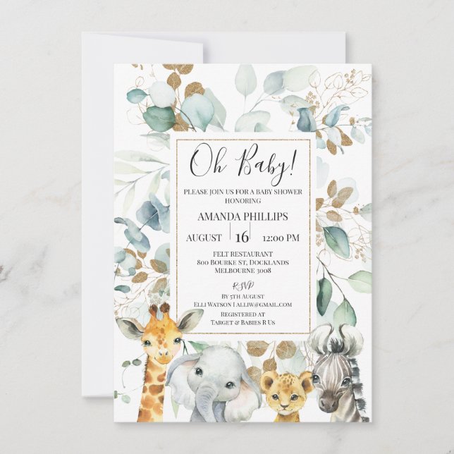 Convite Chá de fraldas de Animais Safari Dourados Eucalypt (Frente)