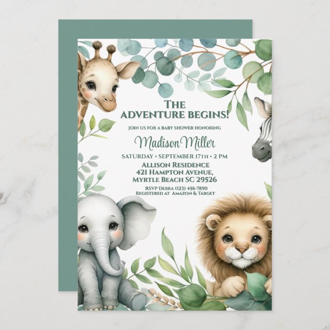 Convite Chá de fraldas De Animais Safari Neutro De Gênero  (Frente/Verso)