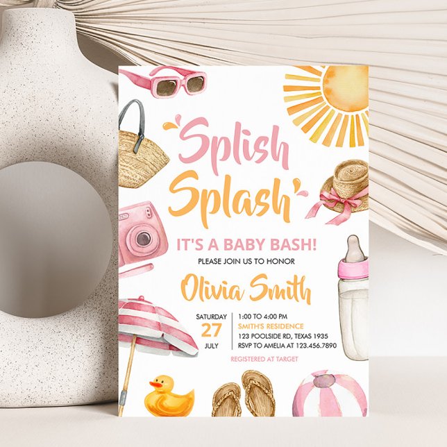Convite Chá de fraldas de apresentação rosa (Girl Summer Beach Baby Shower Invitation)
