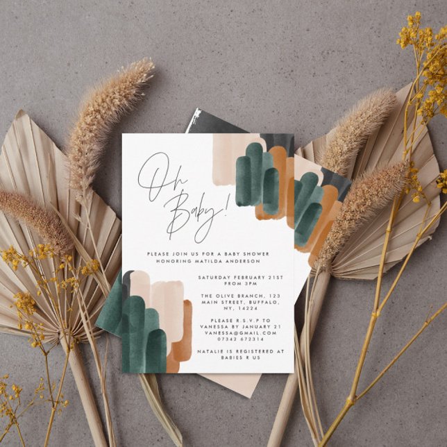 Convite Chá de fraldas de aquarela abstrato verde terracot (Criador carregado)