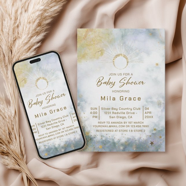 Convite Chá de fraldas de Aquarela Celestial Céu Dourado (Criador carregado)