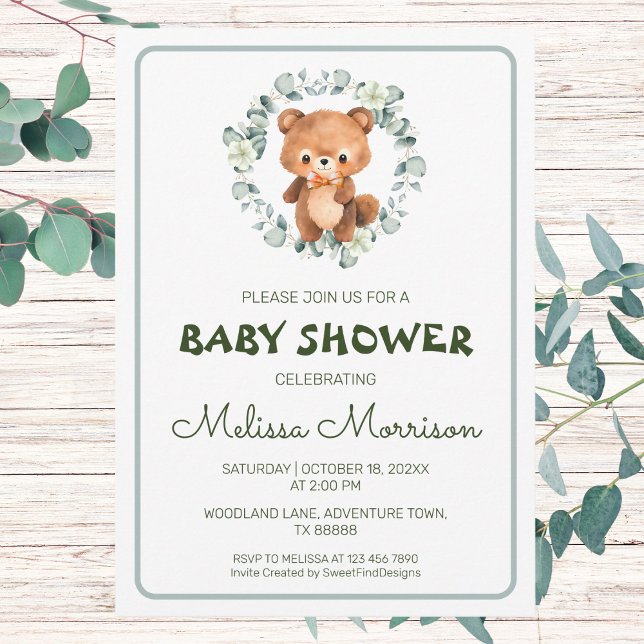 Convite Chá de fraldas de Aquarela da Floresta Ursa (Bear Forest Watercolor Baby Shower Invitation)