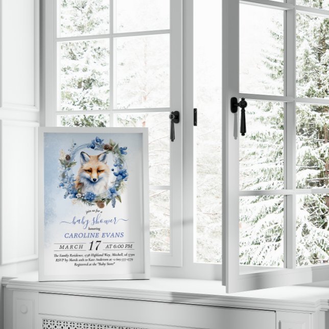 Convite Chá de fraldas de Aquarela da Fox de inverno (Winter Fox Watercolor Baby Shower Invitation)
