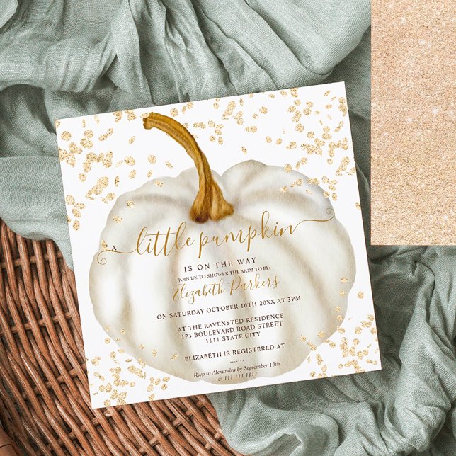 Convite Chá de fraldas de aquarela de abóbora de ouro-chic (Chic gold glitter pumpkin watercolor baby shower invitation)