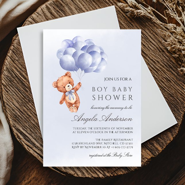 Convite Chá de fraldas de Aquarela de Azul-Urso Teddy (Teddy Bear Blue Balloon Watercolor Boy Baby Shower Invitation)