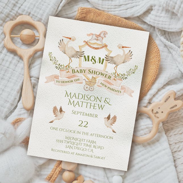Convite Chá de fraldas de Aquarela de Crest Stork (Criador carregado)