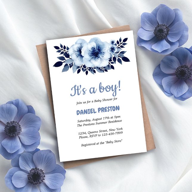 Convite Chá de fraldas de Aquarela de Flor Azul Claro (Gentle Light Blue Flower Watercolor Baby Shower Invitation)