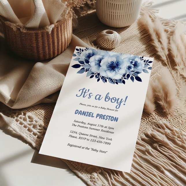 Convite Chá de fraldas de Aquarela de Flor Azul Claro (Gentle Light Blue Flower Watercolor Baby Shower Invitation)