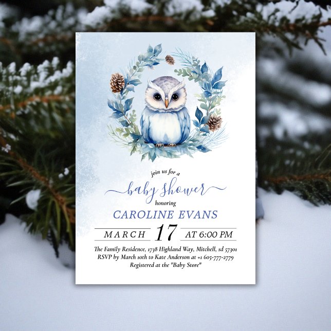 Convite Chá de fraldas de Aquarela de Inverno (Winter Owl Watercolor Baby Shower Invitation)