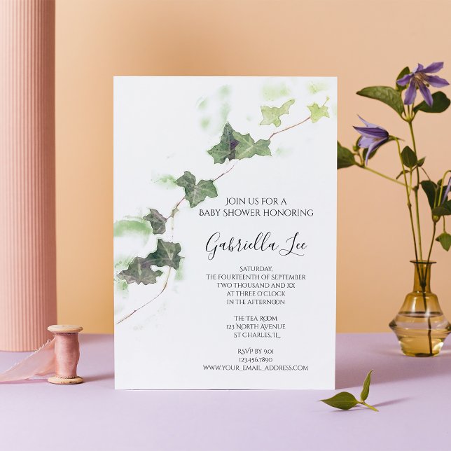 Convite Chá de fraldas de Aquarela de Ivy Vine Verde (Criador carregado)