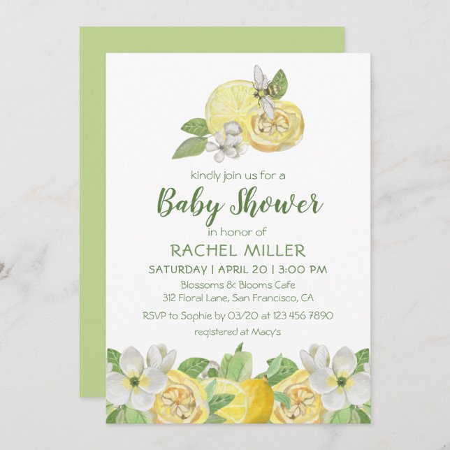 Convite Chá de fraldas de Aquarela de Limão Floral de Citr (Frente/Verso)