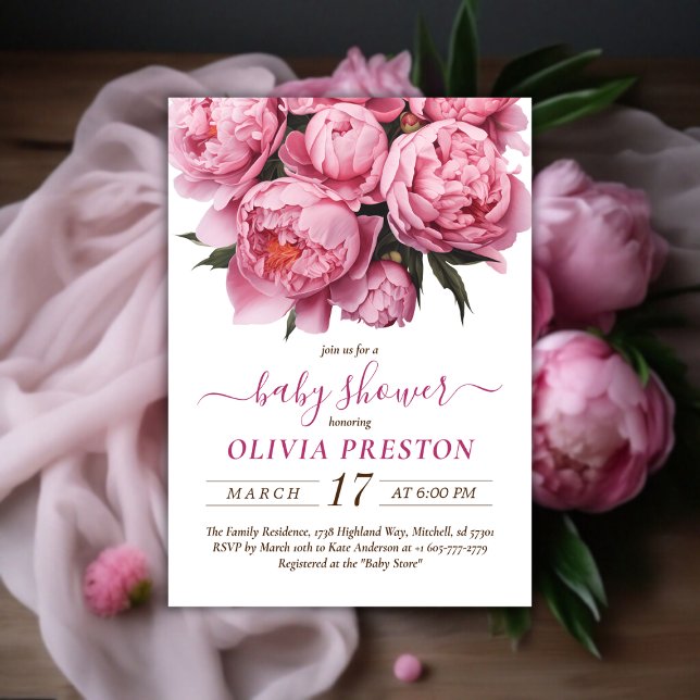Convite Chá de fraldas de Aquarela de Peões Rosa (Pink Peonies Watercolor Baby Shower Invitation)
