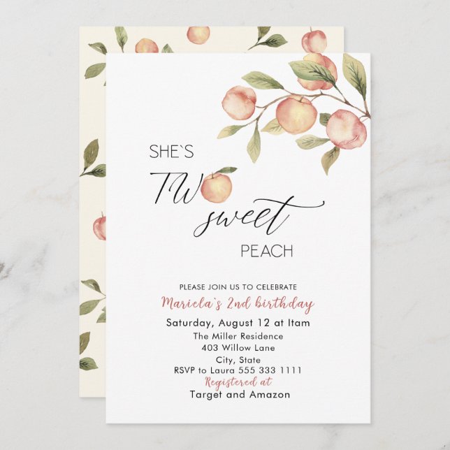 Convite Chá de fraldas de Aquarela de Pequeno Pêssego Eleg (Frente/Verso)