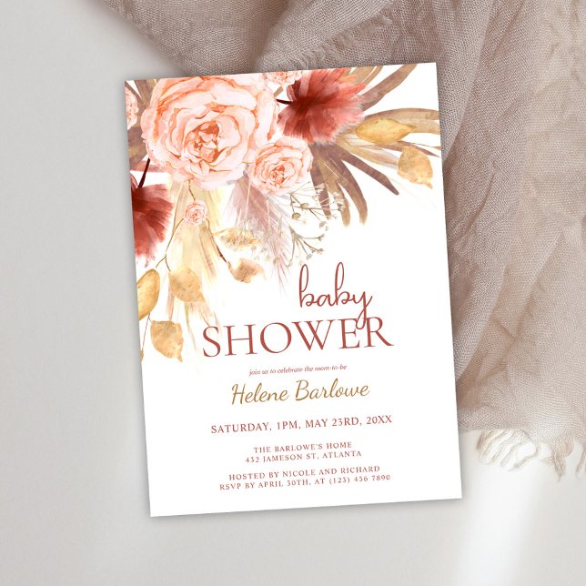 Convite Chá de fraldas de Aquarela de Queda de Boho (Boho Floral Watercolor Baby Shower Invitation)