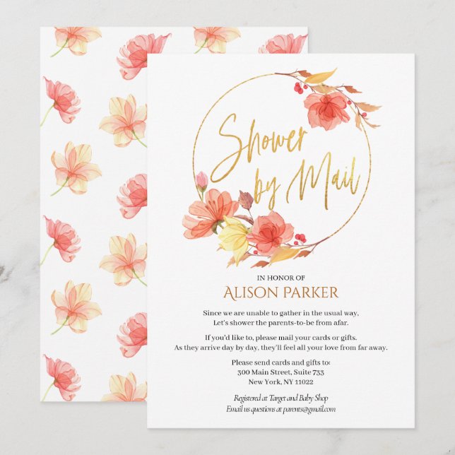 Convite Chá de fraldas de Aquarela de Script Dourado Flora (Frente/Verso)