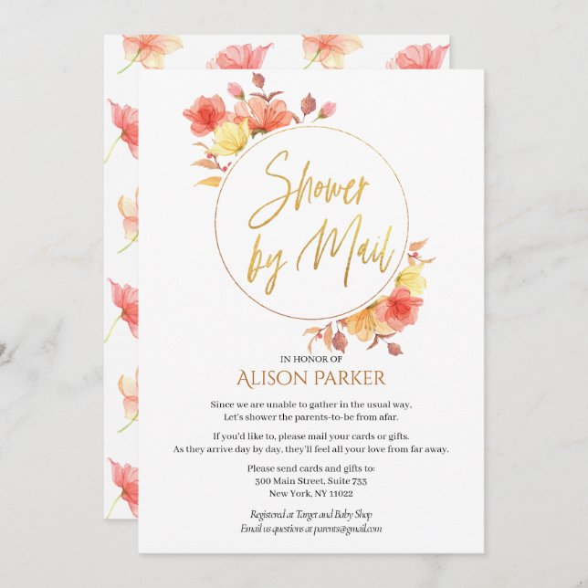 Convite Chá de fraldas de Aquarela de Script Dourado Flora (Frente/Verso)