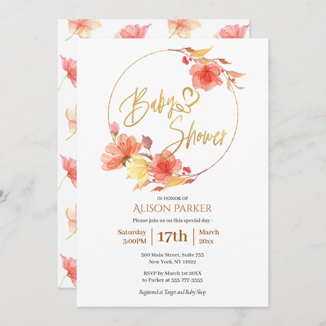 Convite Chá de fraldas de Aquarela de Script Dourado Flora (Frente/Verso)