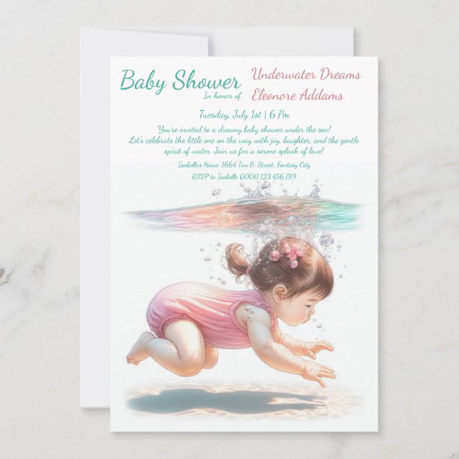 Convite Chá de fraldas de Aquarela de Sonhos Submarinos (Frente)