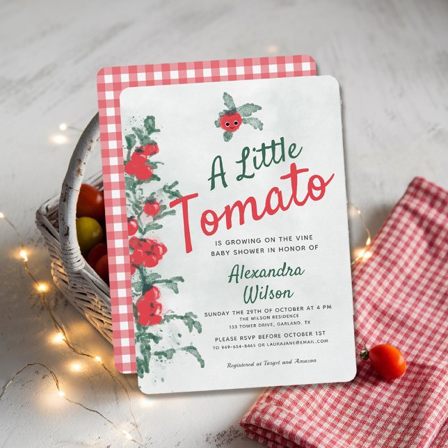 Convite Chá de fraldas de Aquarela de Tomate Cute Russo (rustic baby shower invitation little tomato green red gingham watercolor cute character backyard)