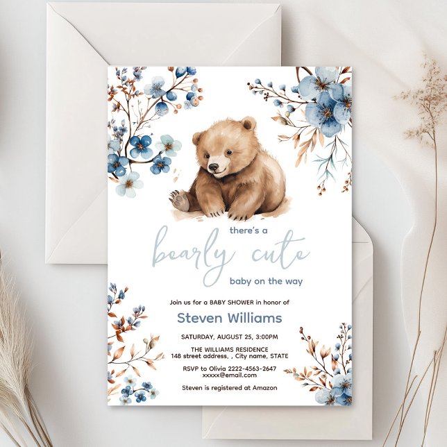 Convite Chá de fraldas de aquarela de urso bonito (Cute bear with rustic blue flowers baby shower invitation)