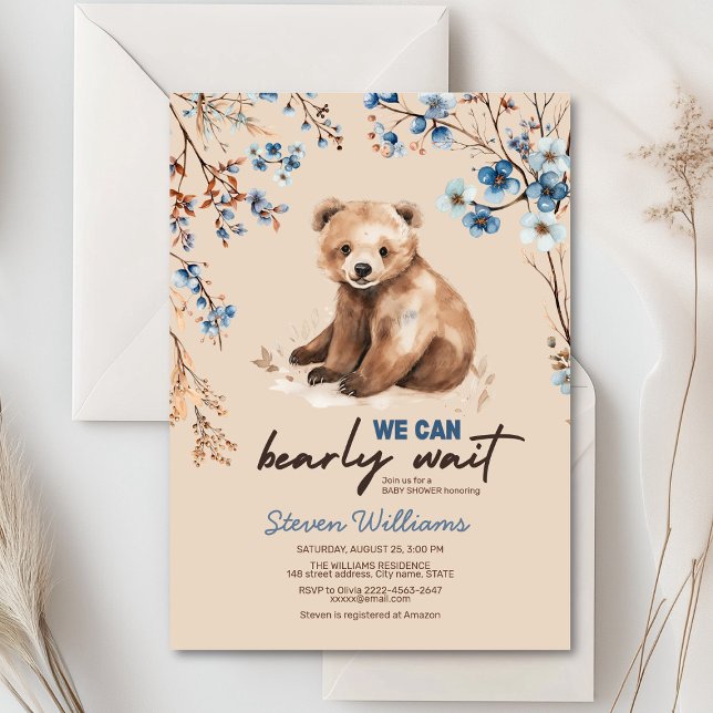 Convite Chá de fraldas de aquarela de urso bonito (Cute bear with rustic blue flowers baby shower invitation)