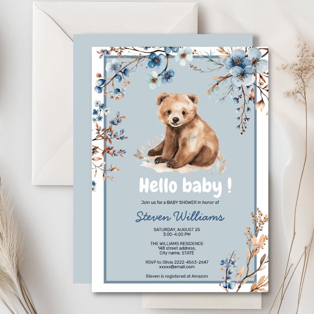 Convite Chá de fraldas de aquarela de urso bonito (Cute bear with rustic blue flowers baby shower invitation)