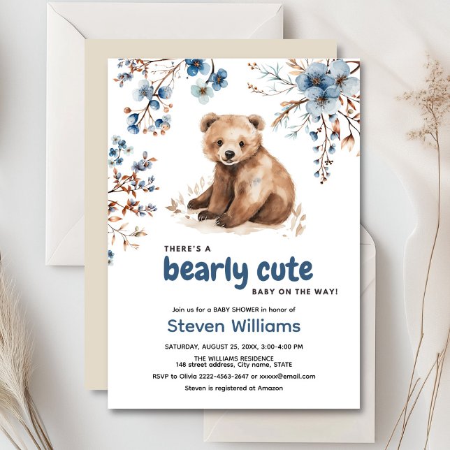 Convite Chá de fraldas de aquarela de urso bonito (Cute bear with rustic blue flowers baby shower invitation)