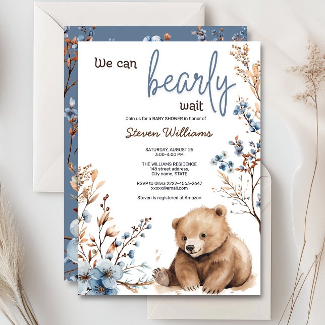Convite Chá de fraldas de aquarela de urso bonito (Cute bear with rustic blue flowers baby shower invitation)