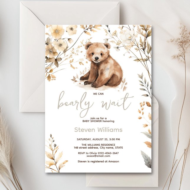 Convite Chá de fraldas de aquarela de urso bonito (Cute watercolor forest bear with rustic beige flowers baby shower invitation)