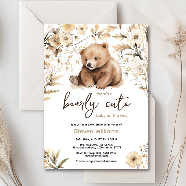 Convite Chá de fraldas de aquarela de urso bonito (Cute watercolor forest bear with rustic beige flowers baby shower invitation)