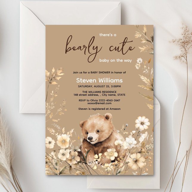 Convite Chá de fraldas de aquarela de urso bonito (Cute watercolor forest bear with rustic beige flowers baby shower invitation)