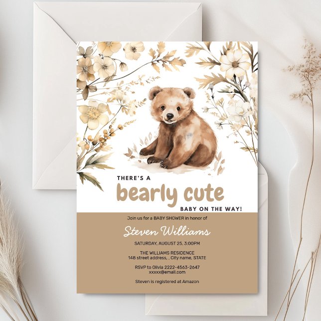 Convite Chá de fraldas de aquarela de urso bonito (Cute bear with rustic beige flowers baby shower invitation)