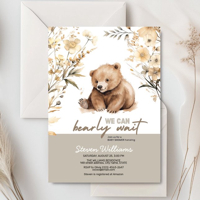 Convite Chá de fraldas de aquarela de urso bonito (Cute bear with rustic beige flowers baby shower invitation)