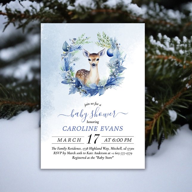 Convite Chá de fraldas de Aquarela de Veado Inverno (Winter Deer Watercolor Baby Shower Invitation)
