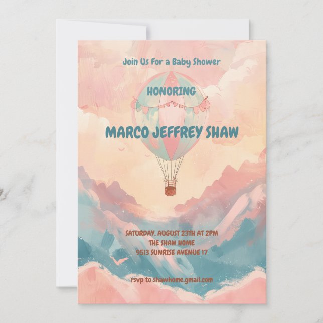 Convite Chá de fraldas de Aquarela do Balão de Ar Quente (Frente)