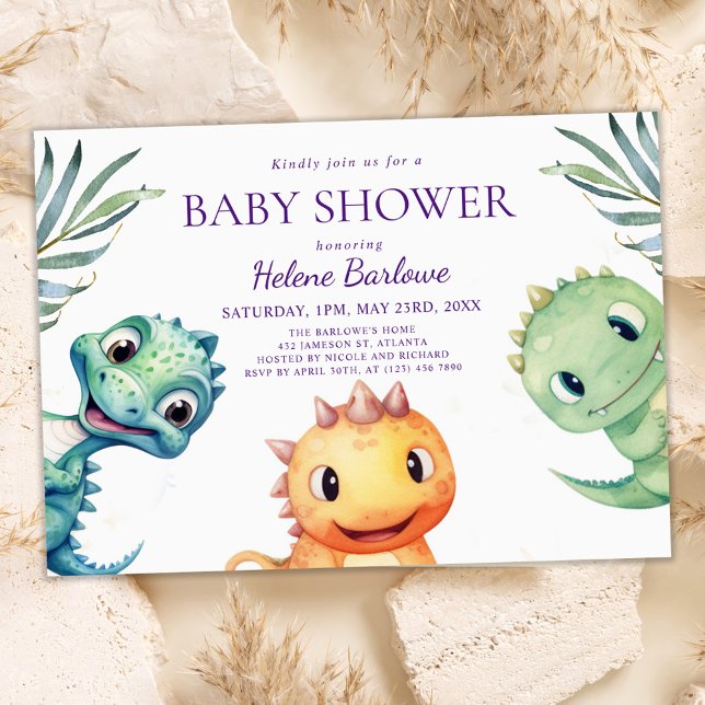 Convite Chá de fraldas de Aquarela do Dinossauro Cento (Cute Dinosaur Watercolor Baby Shower Invitation)