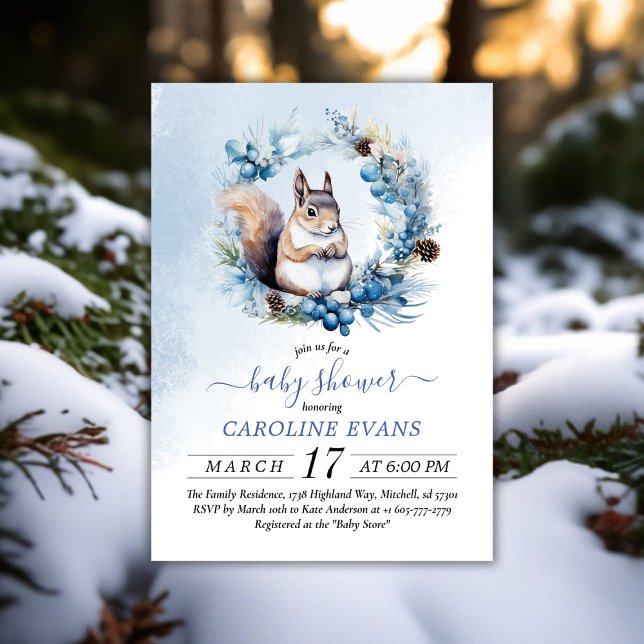 Convite Chá de fraldas de Aquarela do Esquilo Inverno (Winter Squirrel Watercolor Baby Shower Invitation)