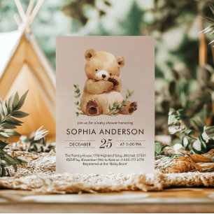 Convite Chá de fraldas de Aquarela do Urso Bebê Cutie