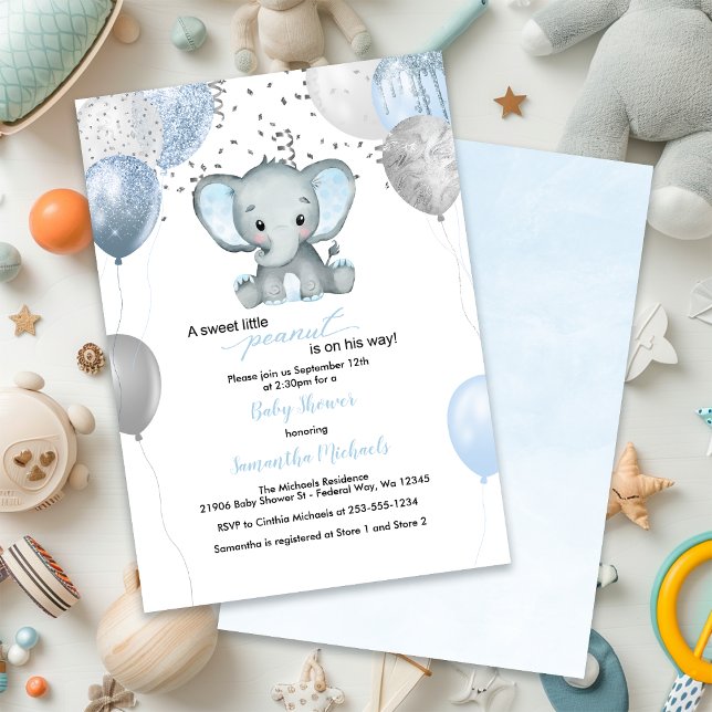 Convite Chá de fraldas de Aquarela dos Balões de Elefante  (Cute Elephant Boy Balloons Watercolor Baby Shower Invitation)