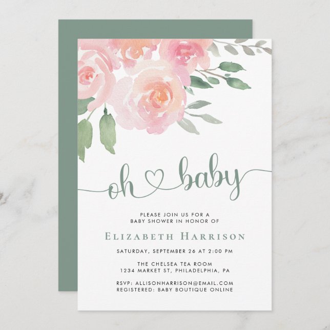 Convite Chá de fraldas de Aquarela Floral (Frente/Verso)