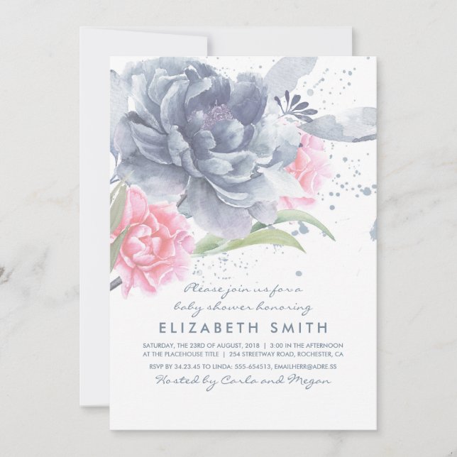 Convite Chá de fraldas de Aquarela Floral Cor-de-Rosa Azul (Frente)