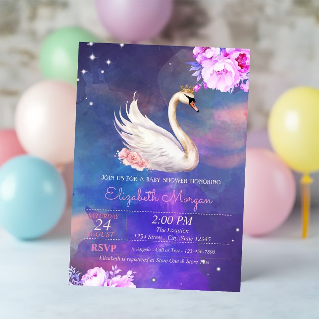Convite Chá de fraldas De Aquarela Floral De Cisne-Elegant (Criador carregado)