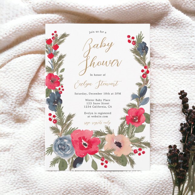 Convite Chá de fraldas de Aquarela Floral de inverno, russ (Rustic chic Winter Floral Watercolor baby shower Invitation)