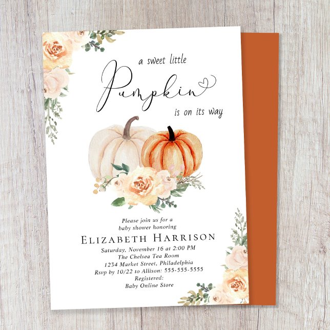 Convite Chá de fraldas de Aquarela Floral Elegante Pumpkin (Celebrate the upcoming arrival of your sweet little autumn baby with a pumpkin-themed baby shower)
