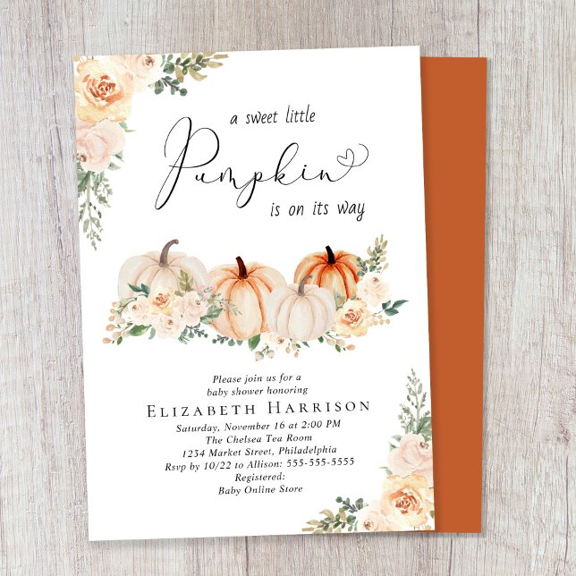 Convite Chá de fraldas de Aquarela Floral Elegante Pumpkin (Celebrate the upcoming arrival of your sweet little autumn baby with a pumpkin-themed baby shower)
